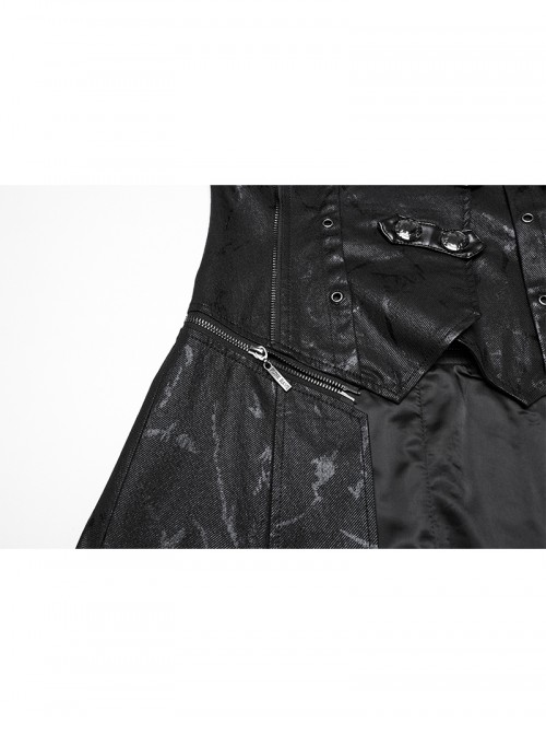 Women Stand-Up Collar Front Chest Metal Buckle Leather Strap Long Sleeve Black Punk Twill Coat