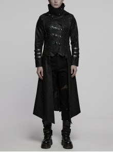 Men Stand-Up Collar Front Chest Metal Buckle Leather Strap Long Sleeve Black Punk Twill Coat
