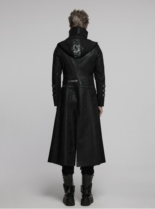 Men Stand-Up Collar Front Chest Metal Buckle Leather Strap Long Sleeve Black Punk Twill Coat