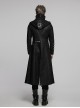 Men Stand-Up Collar Front Chest Metal Buckle Leather Strap Long Sleeve Black Punk Twill Coat