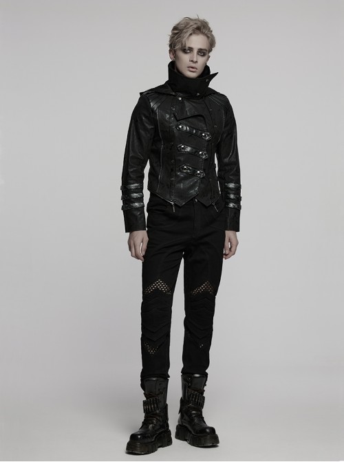Men Stand-Up Collar Front Chest Metal Buckle Leather Strap Long Sleeve Black Punk Twill Coat