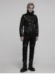 Men Stand-Up Collar Front Chest Metal Buckle Leather Strap Long Sleeve Black Punk Twill Coat