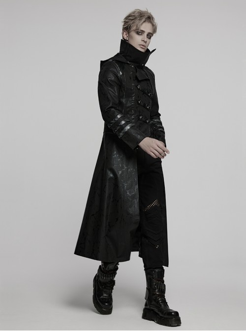 Men Stand-Up Collar Front Chest Metal Buckle Leather Strap Long Sleeve Black Punk Twill Coat