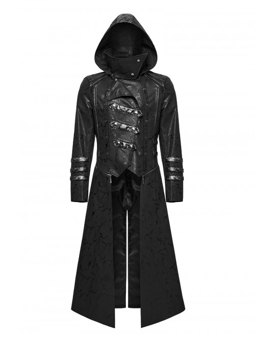 Men Stand-Up Collar Front Chest Metal Buckle Leather Strap Long Sleeve Black Punk Twill Coat