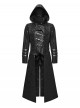 Men Stand-Up Collar Front Chest Metal Buckle Leather Strap Long Sleeve Black Punk Twill Coat