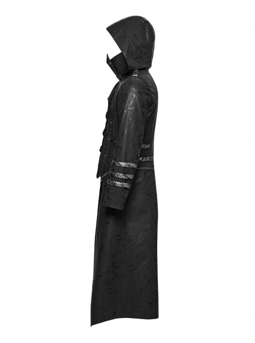 Men Stand-Up Collar Front Chest Metal Buckle Leather Strap Long Sleeve Black Punk Twill Coat