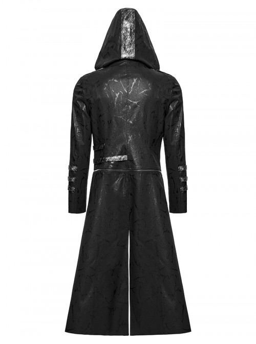 Men Stand-Up Collar Front Chest Metal Buckle Leather Strap Long Sleeve Black Punk Twill Coat