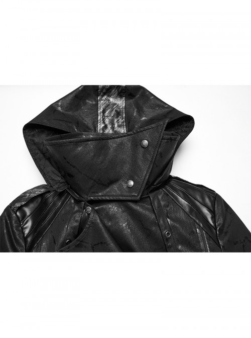 Men Stand-Up Collar Front Chest Metal Buckle Leather Strap Long Sleeve Black Punk Twill Coat