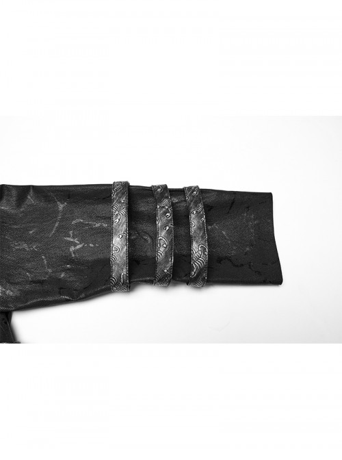 Men Stand-Up Collar Front Chest Metal Buckle Leather Strap Long Sleeve Black Punk Twill Coat