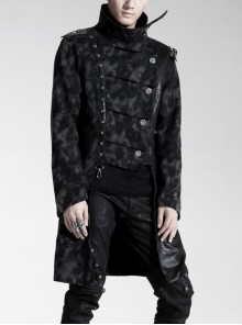 Stand-Up Collar Front Metal Retro Button Skull Decoration Lace-Up Black Punk Print Coat
