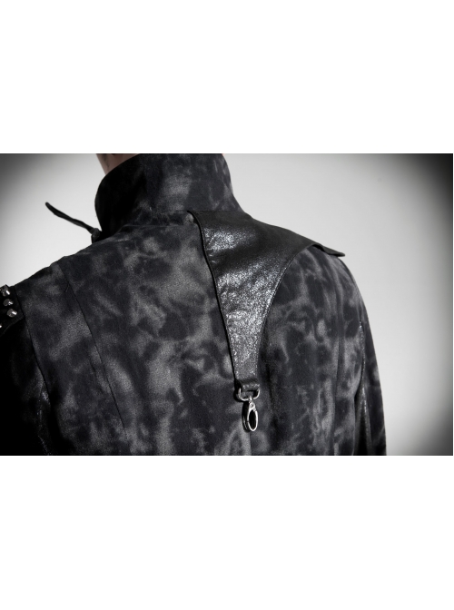 Stand-Up Collar Front Metal Retro Button Skull Decoration Lace-Up Black Punk Print Coat