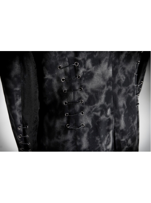 Stand-Up Collar Front Metal Retro Button Skull Decoration Lace-Up Black Punk Print Coat