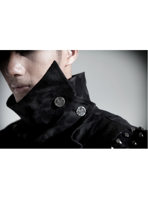 Stand-Up Collar Front Metal Retro Button Skull Decoration Lace-Up Black Punk Print Coat