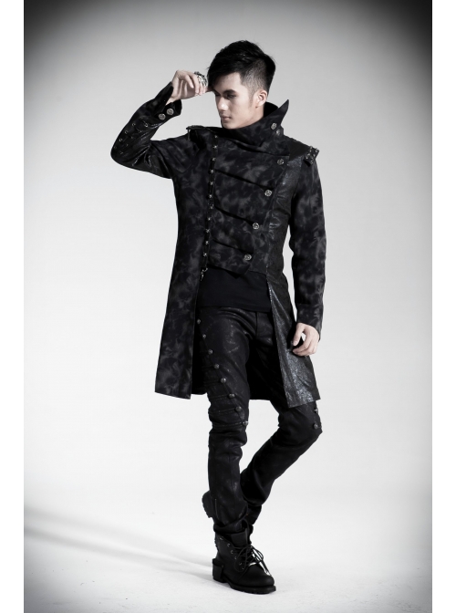 Stand-Up Collar Front Metal Retro Button Skull Decoration Lace-Up Black Punk Print Coat