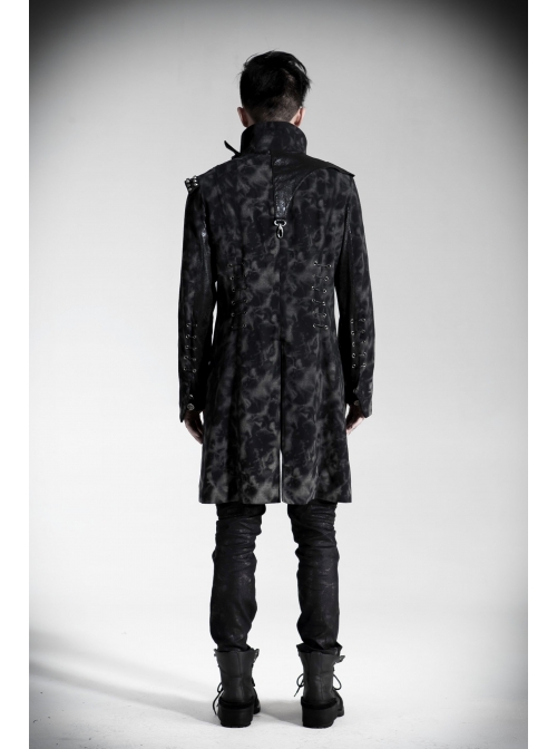 Stand-Up Collar Front Metal Retro Button Skull Decoration Lace-Up Black Punk Print Coat