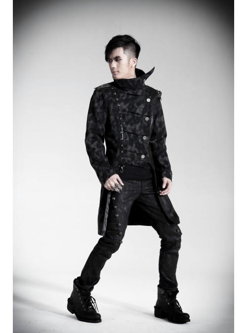 Stand-Up Collar Front Metal Retro Button Skull Decoration Lace-Up Black Punk Print Coat
