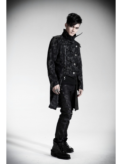 Stand-Up Collar Front Metal Retro Button Skull Decoration Lace-Up Black Punk Print Coat