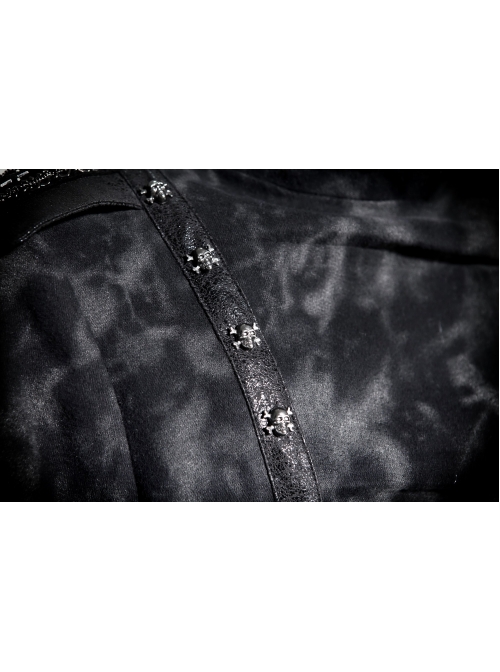 Stand-Up Collar Front Metal Retro Button Skull Decoration Lace-Up Black Punk Print Coat