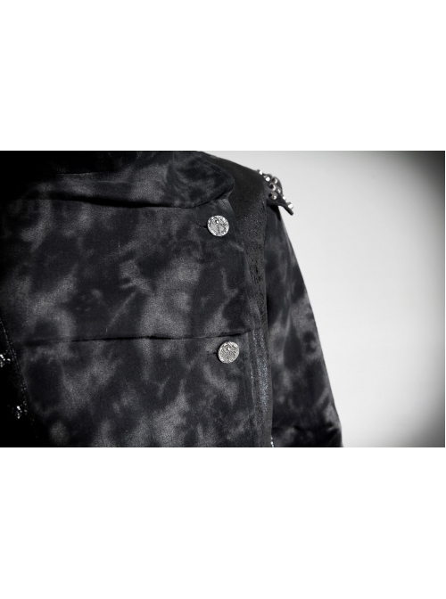 Stand-Up Collar Front Metal Retro Button Skull Decoration Lace-Up Black Punk Print Coat