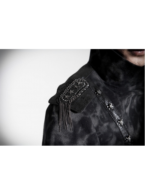 Stand-Up Collar Front Metal Retro Button Skull Decoration Lace-Up Black Punk Print Coat