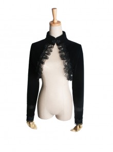 Buckle Collar Front Chest Flounce Lace Cuff Black Gothic Velvet Short Jacket