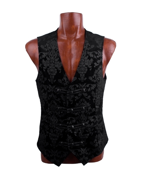 Front Woven Strap Metal Retro Button Black Gothic Jacquard Vest