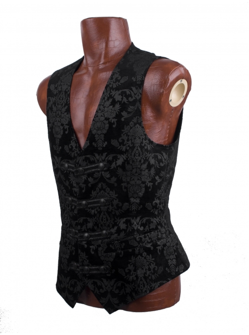 Front Woven Strap Metal Retro Button Black Gothic Jacquard Vest