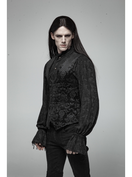 Front Woven Strap Metal Retro Button Black Gothic Jacquard Vest