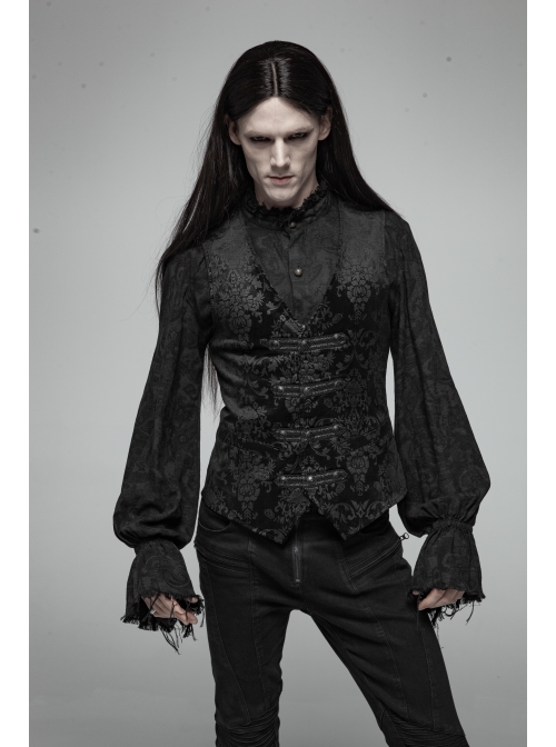 Front Woven Strap Metal Retro Button Black Gothic Jacquard Vest