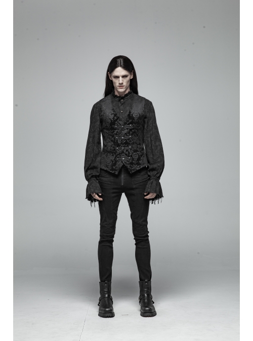 Front Woven Strap Metal Retro Button Black Gothic Jacquard Vest