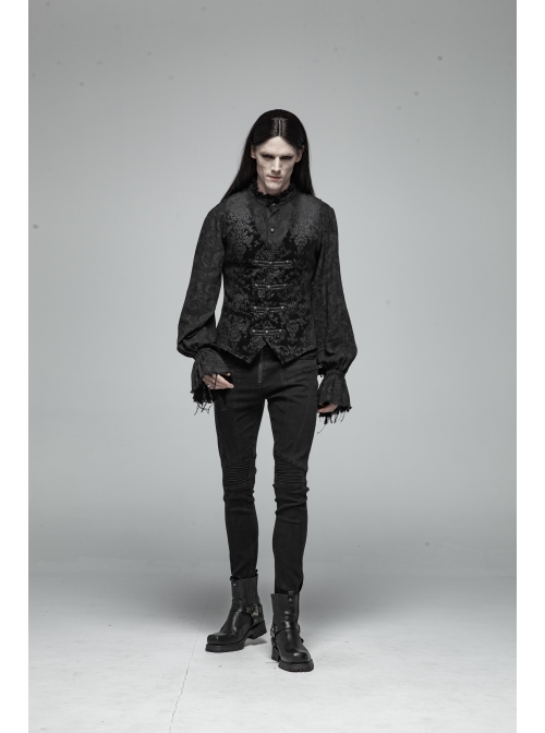 Front Woven Strap Metal Retro Button Black Gothic Jacquard Vest