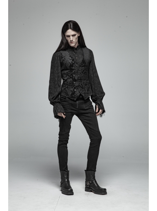 Front Woven Strap Metal Retro Button Black Gothic Jacquard Vest