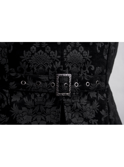 Front Woven Strap Metal Retro Button Black Gothic Jacquard Vest
