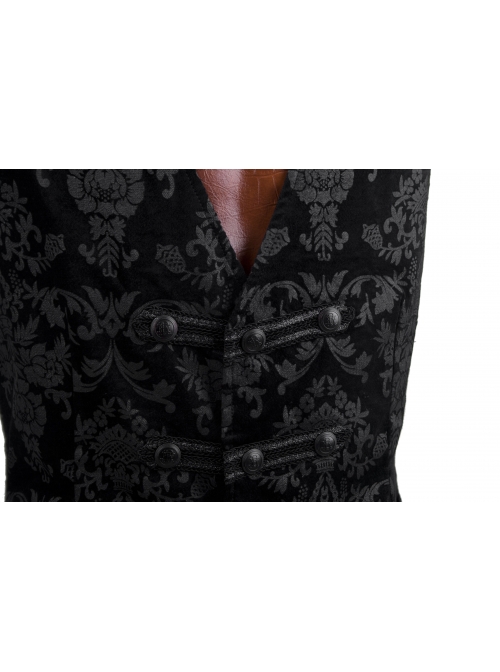 Front Woven Strap Metal Retro Button Black Gothic Jacquard Vest