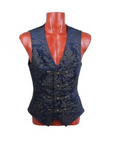 Front Woven Strap Metal Retro Button Dark Blue Gothic Jacquard Vest