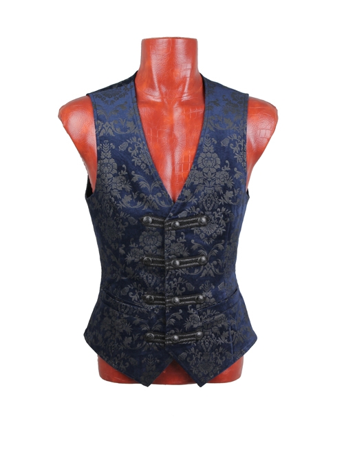 Front Woven Strap Metal Retro Button Dark Blue Gothic Jacquard Vest