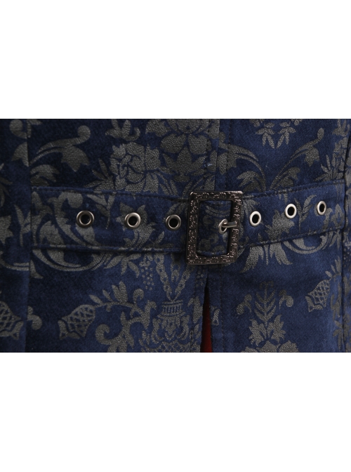 Front Woven Strap Metal Retro Button Dark Blue Gothic Jacquard Vest