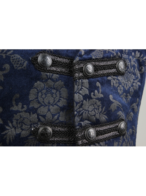 Front Woven Strap Metal Retro Button Dark Blue Gothic Jacquard Vest