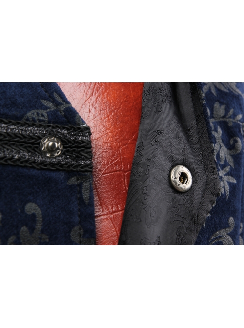 Front Woven Strap Metal Retro Button Dark Blue Gothic Jacquard Vest
