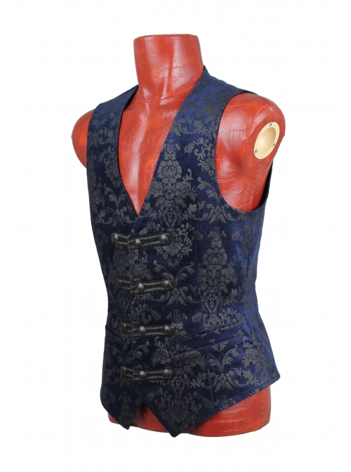 Front Woven Strap Metal Retro Button Dark Blue Gothic Jacquard Vest