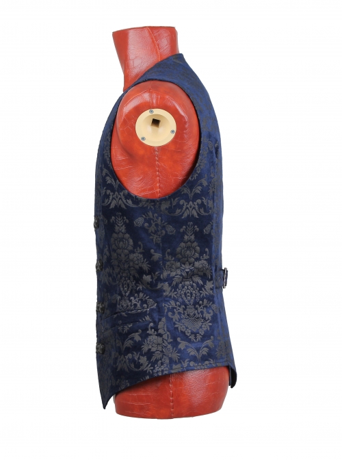 Front Woven Strap Metal Retro Button Dark Blue Gothic Jacquard Vest