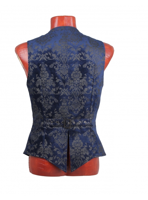 Front Woven Strap Metal Retro Button Dark Blue Gothic Jacquard Vest