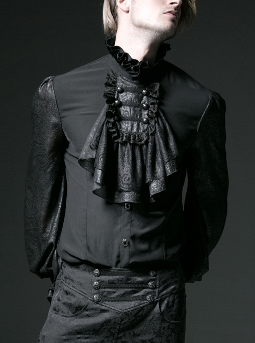 High Collar Front Chest Retro Button Flounce Lantern Sleeve Lace Cuff Black Gothic Chiffon Shirt