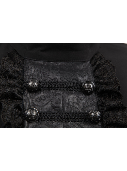 High Collar Front Chest Retro Button Flounce Lantern Sleeve Lace Cuff Black Gothic Chiffon Shirt