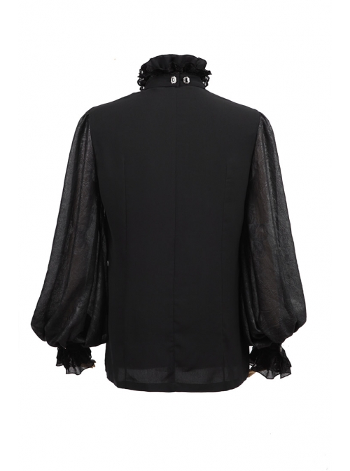 High Collar Front Chest Retro Button Flounce Lantern Sleeve Lace Cuff Black Gothic Chiffon Shirt