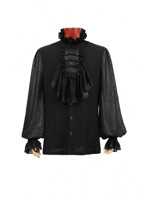 High Collar Front Chest Retro Button Flounce Lantern Sleeve Lace Cuff Black Gothic Chiffon Shirt