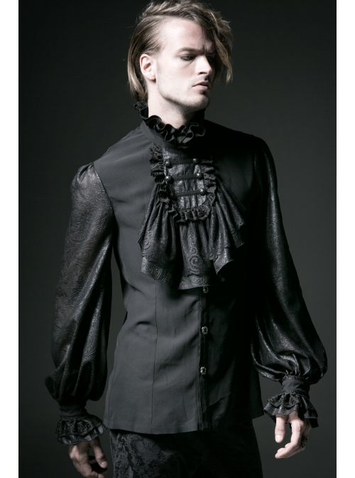 High Collar Front Chest Retro Button Flounce Lantern Sleeve Lace Cuff Black Gothic Chiffon Shirt