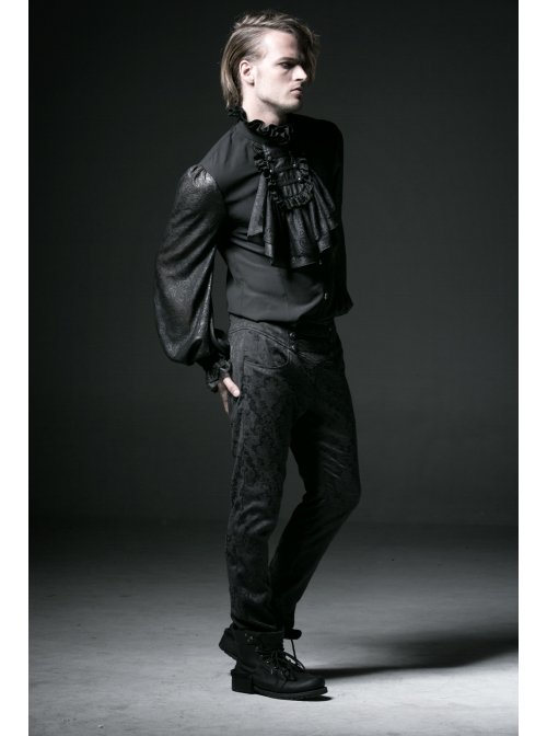 High Collar Front Chest Retro Button Flounce Lantern Sleeve Lace Cuff Black Gothic Chiffon Shirt