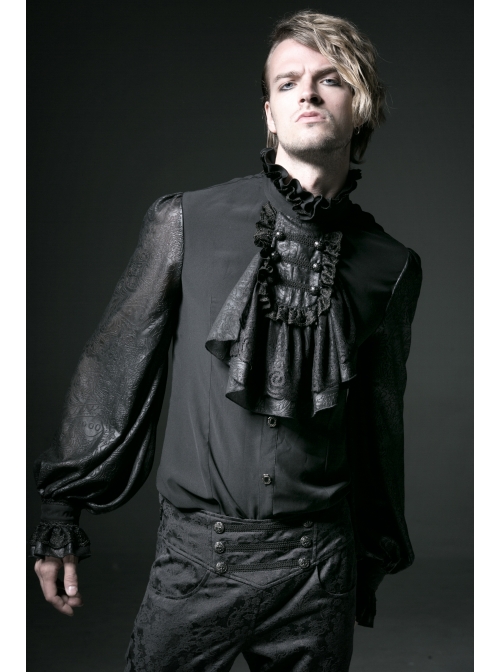 High Collar Front Chest Retro Button Flounce Lantern Sleeve Lace Cuff Black Gothic Chiffon Shirt