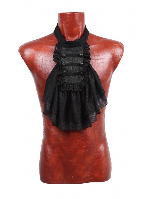 High Collar Front Chest Retro Button Flounce Lantern Sleeve Lace Cuff Black Gothic Chiffon Shirt